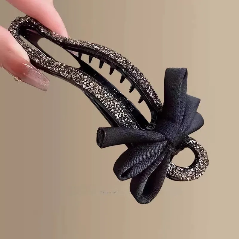 Black crystal bow acrylic hair claw 11.5cm total length, manual processed women's updo accessory