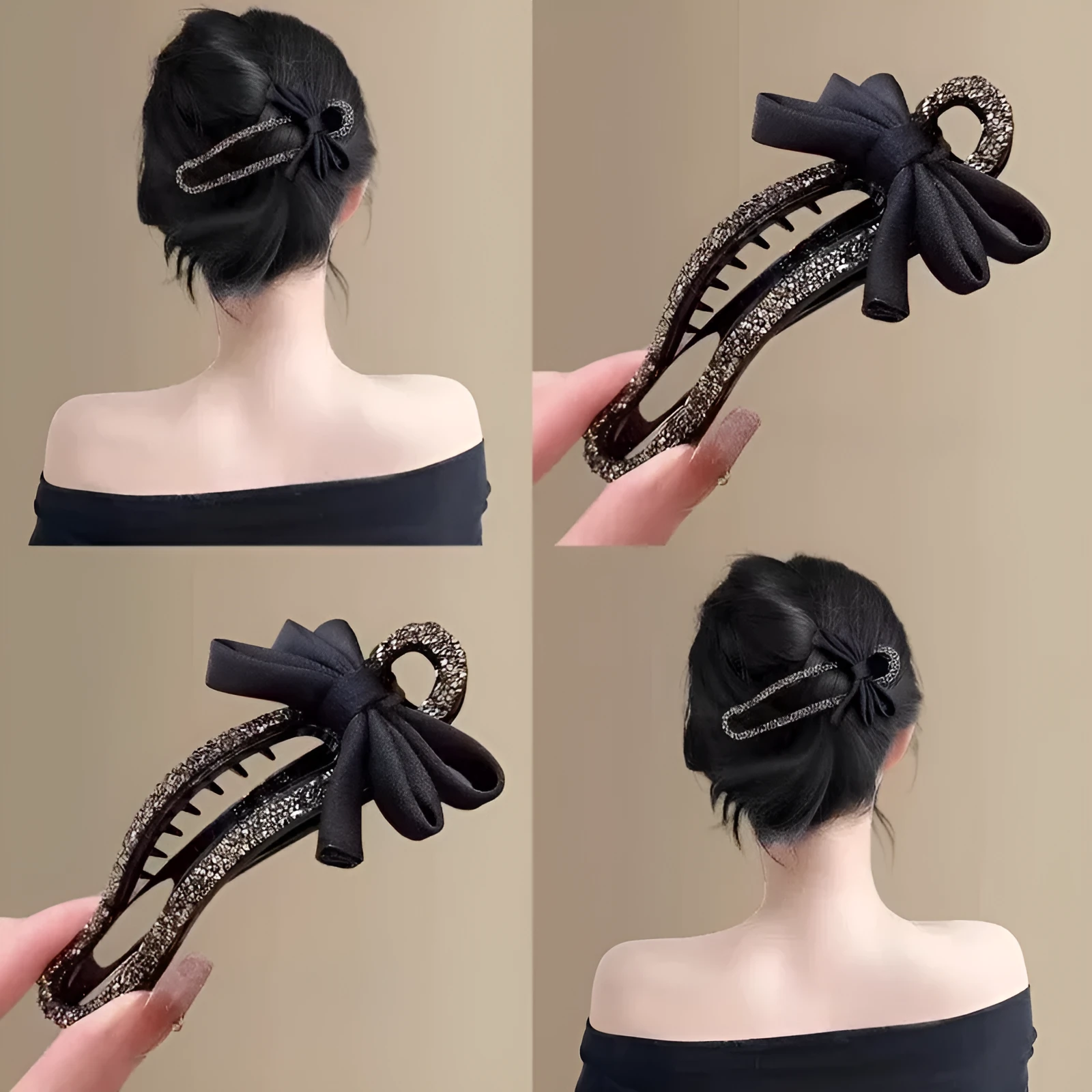 Black crystal bow acrylic hair claw 11.5cm total length, manual processed women's updo accessory