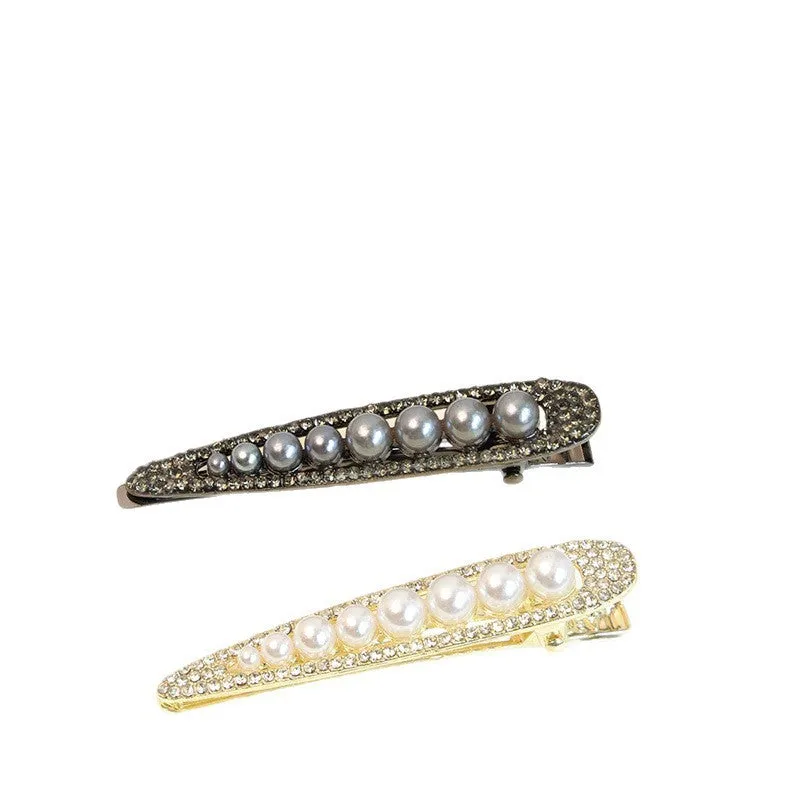 Pearl front duck barrette with alloy electroplated finish in black vintage pearl style