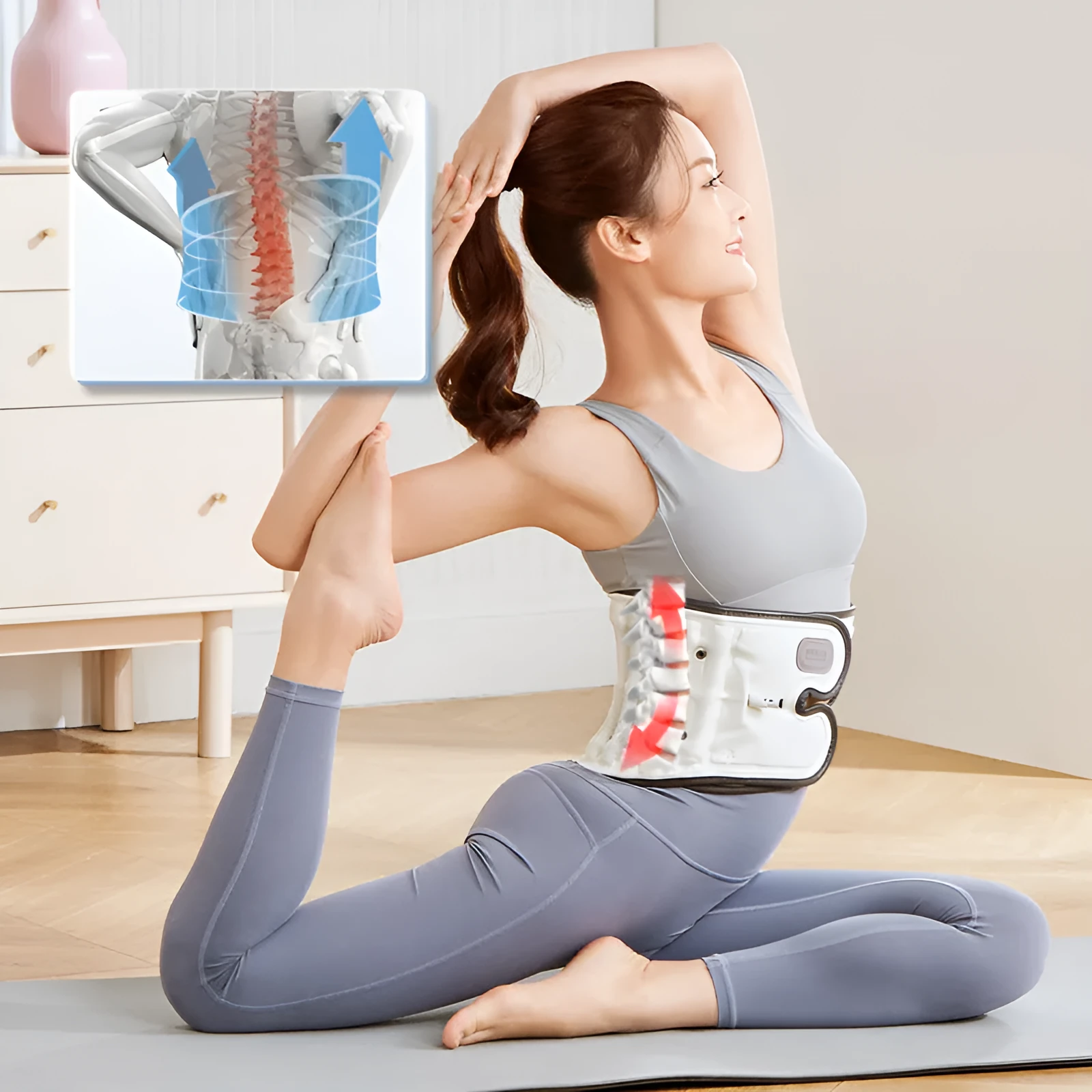White electric lumbar waist supporter with automatic inflation, shown with a 220V two-pin flat plug.
