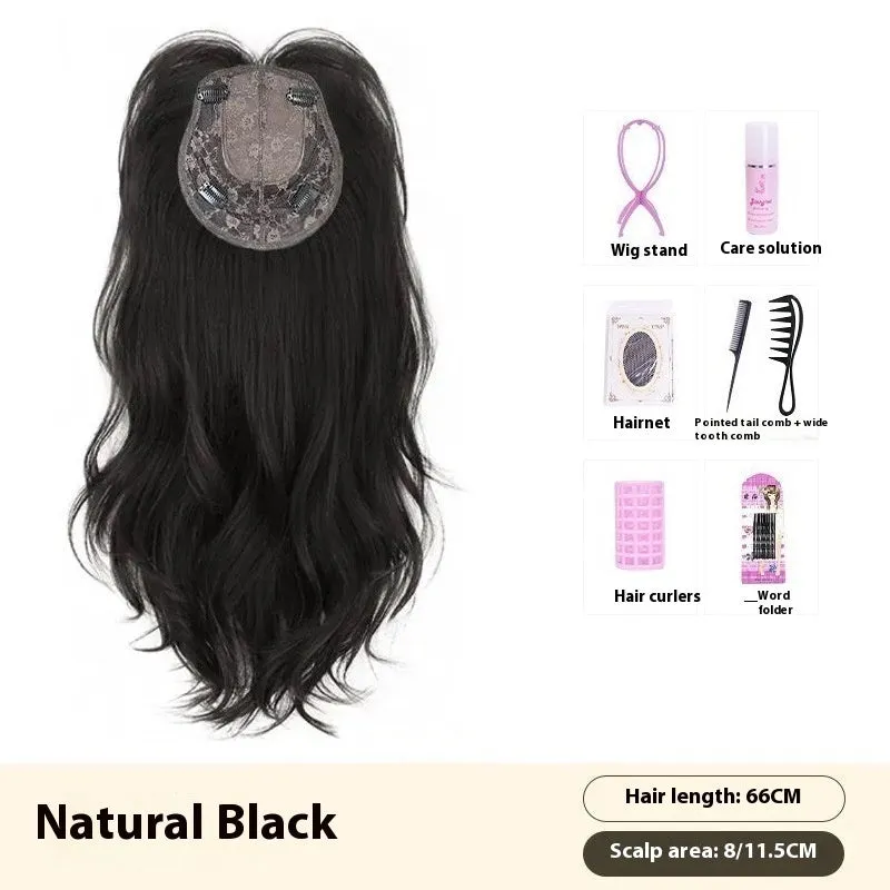 Natural black high temperature fiber wig with big wave style and breathable cap for ladies
