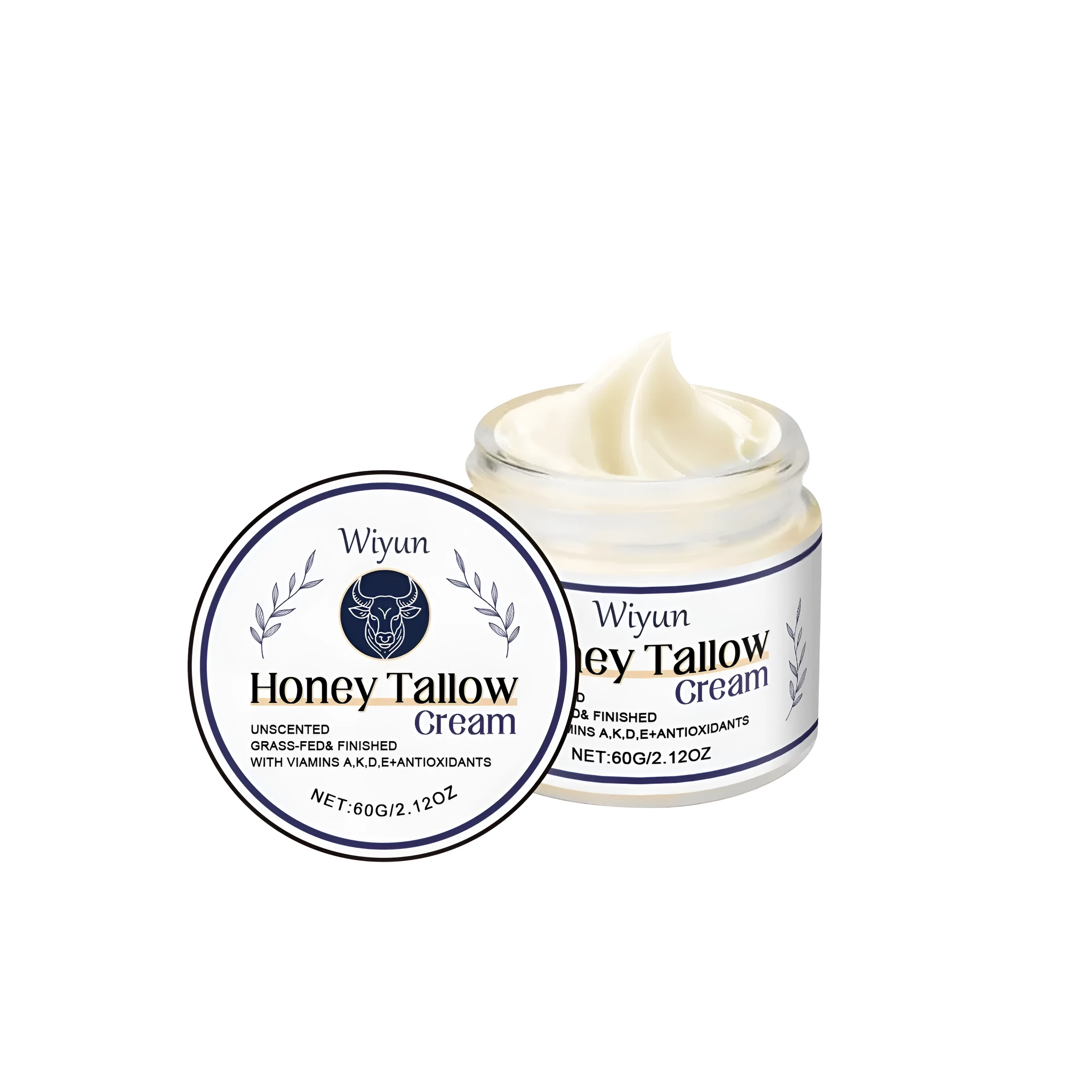60g jar of Cow Fat Moisturising Cream with tallow, honey, and vitamins for face and body.