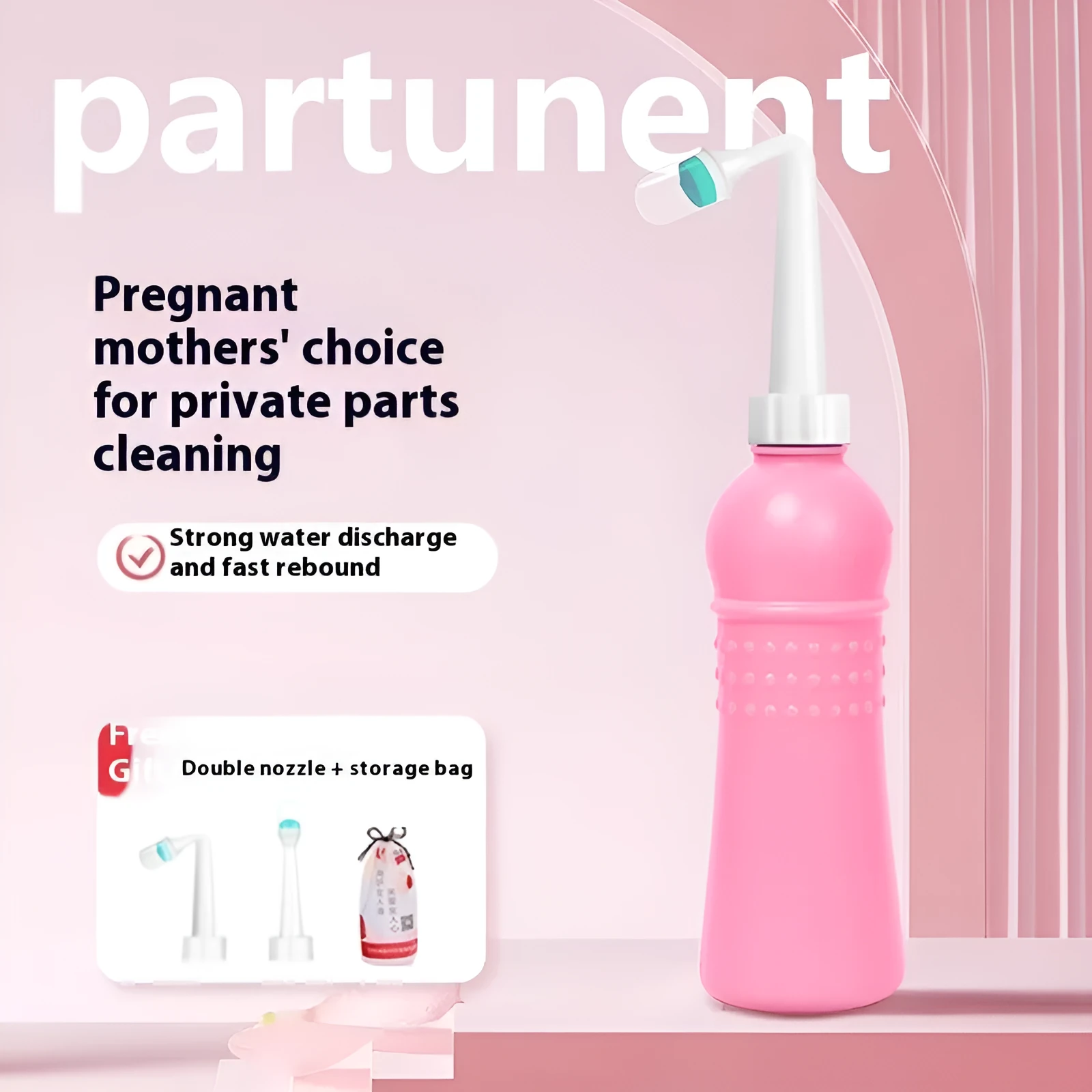 Female private parts cleaning device with dual nozzle and storage bag, pink 400ml