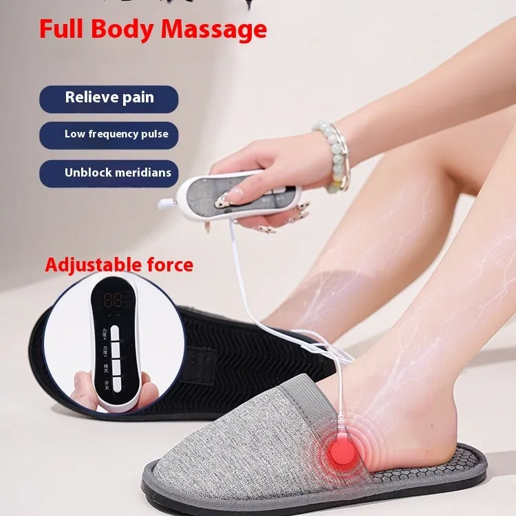 Gray massage slippers with pulse electrode micro current physiotherapy, non-slip sole, linen fabric upper, 260mm or 290mm