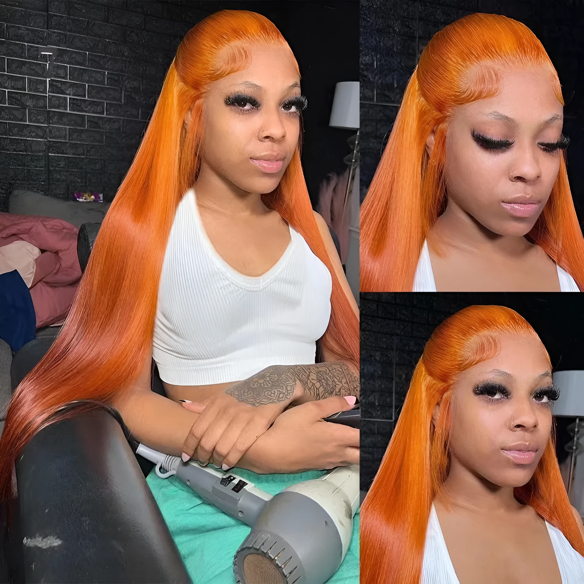 Front lace wig in orange with straight hair and side bangs, available in 12 to 32 inch lengths, high temperature fibre
