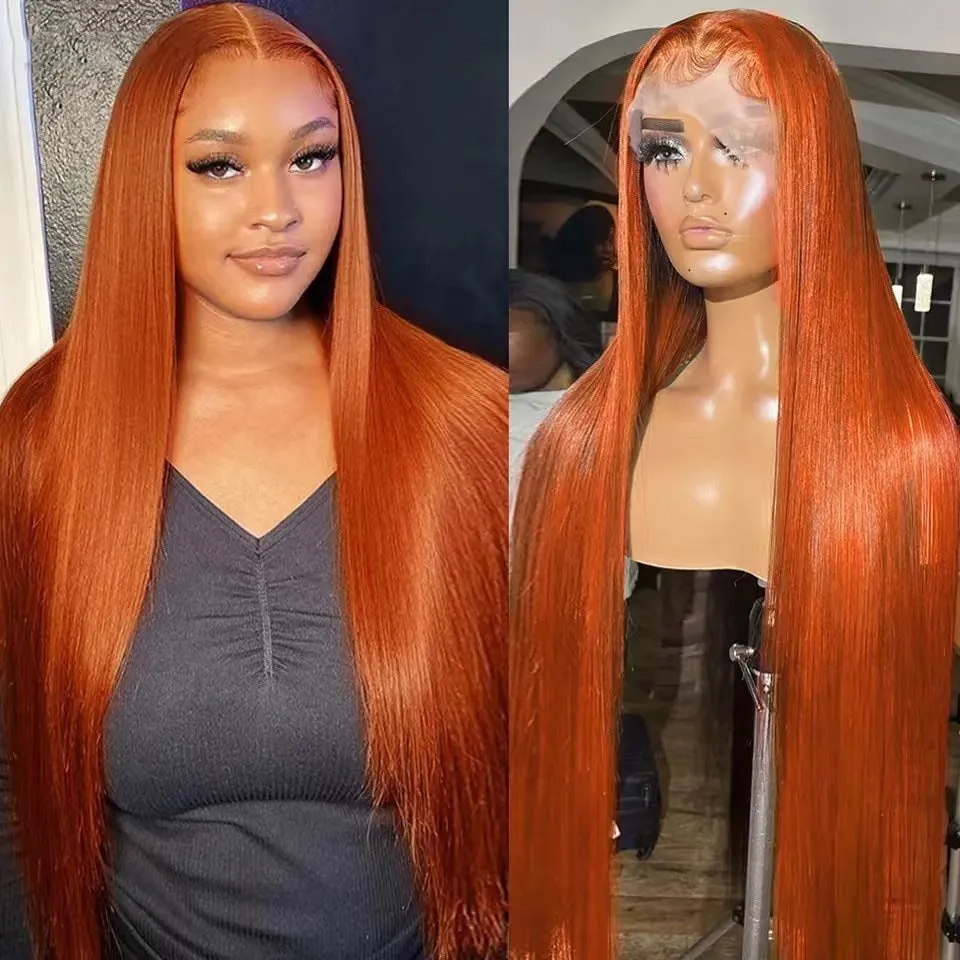 Front lace wig in orange with straight hair and side bangs, available in 12 to 32 inch lengths, high temperature fibre