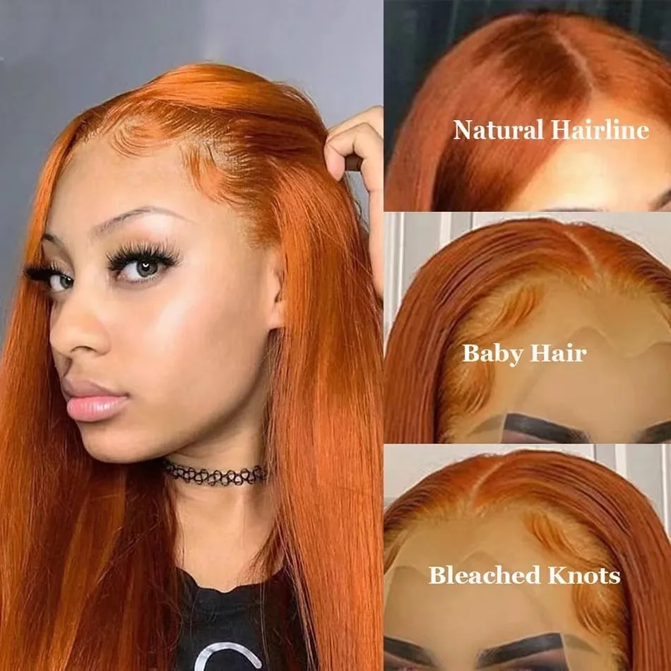 Front lace wig in orange with straight hair and side bangs, available in 12 to 32 inch lengths, high temperature fibre