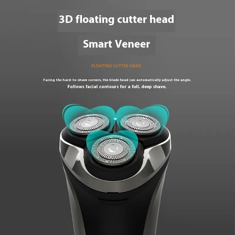 Floating 4D three cutter head rechargeable electric shaver with digital display in gun colour on white background