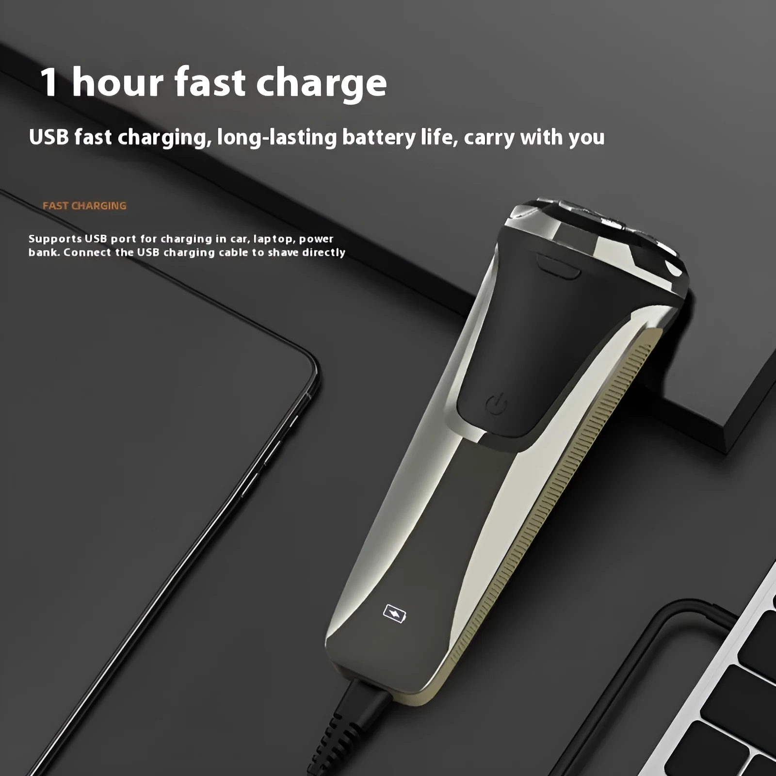 Floating 4D three cutter head rechargeable electric shaver with digital display in gun colour on white background