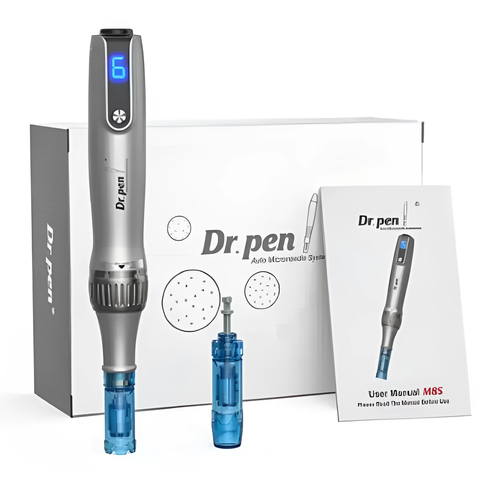 Grey wireless electric micro-needle pen with USB charging port lying on a flat surface