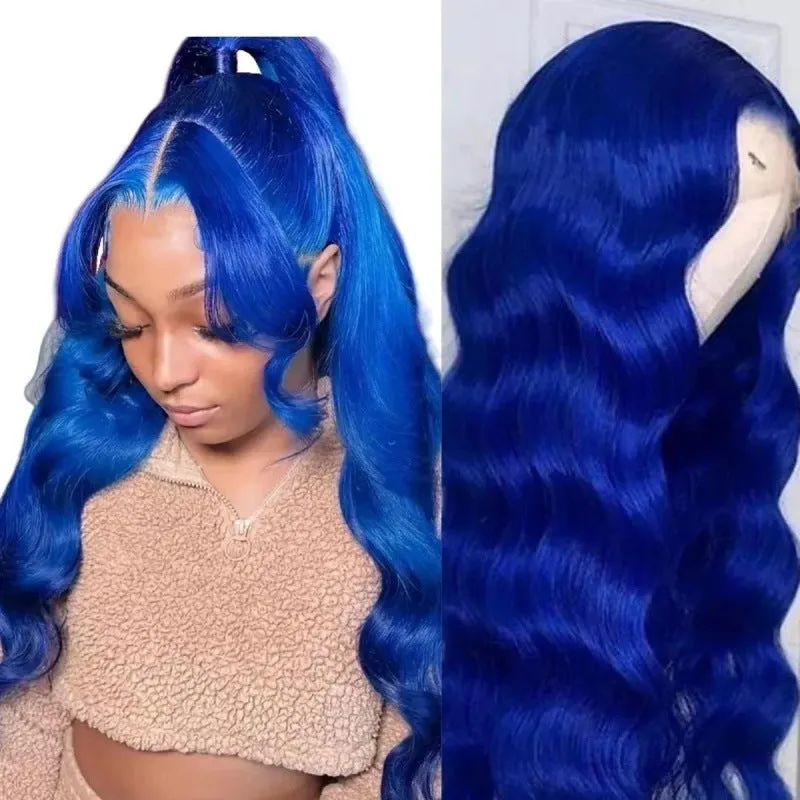 Women's dark blue wavy curly lace front wig with big wavy curls on a mannequin head