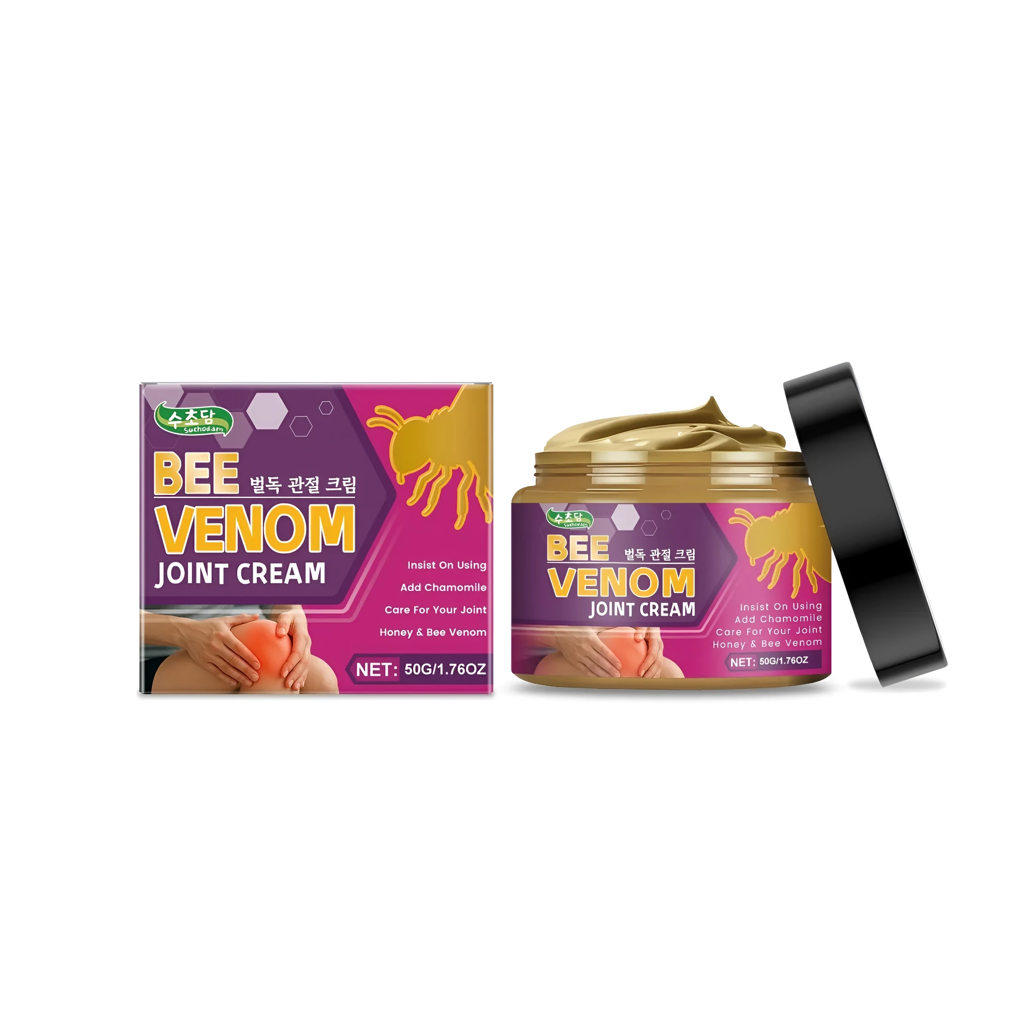 50g tube of joint cream with chamomile, aloe, honey, and bee venom ingredients.