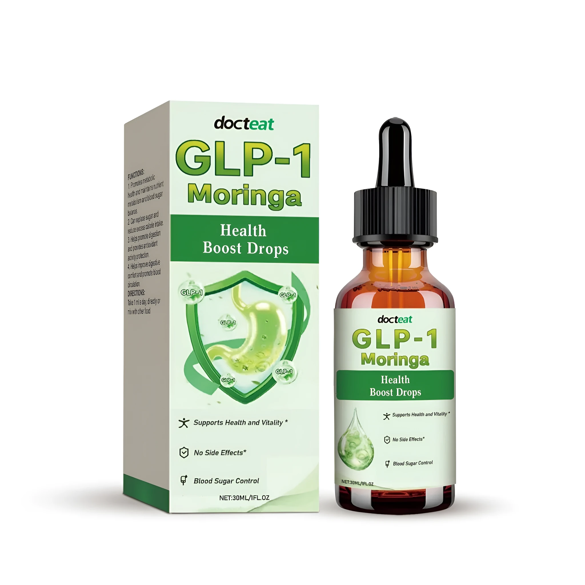 Health Boost Drops 30ml liquid supplement bottle with dropper, containing apple vinegar, green tea, turmeric, and probiotics