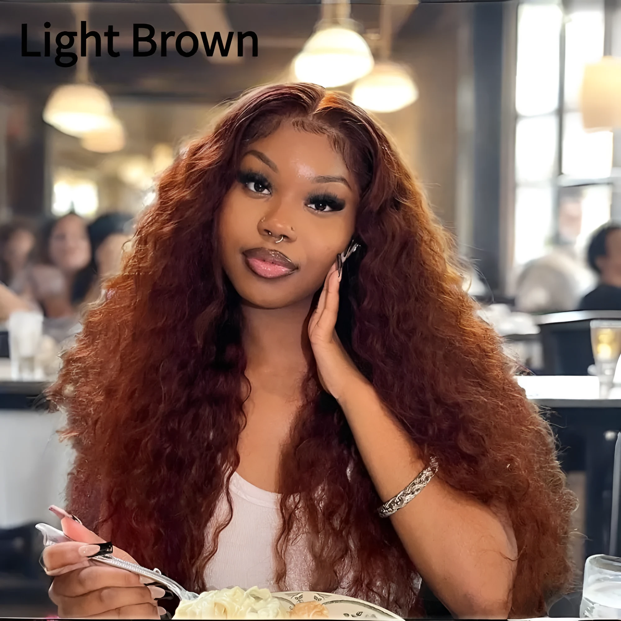 Women's long curly synthetic corn wig in 68cm length with adjustable button mesh, shown in black