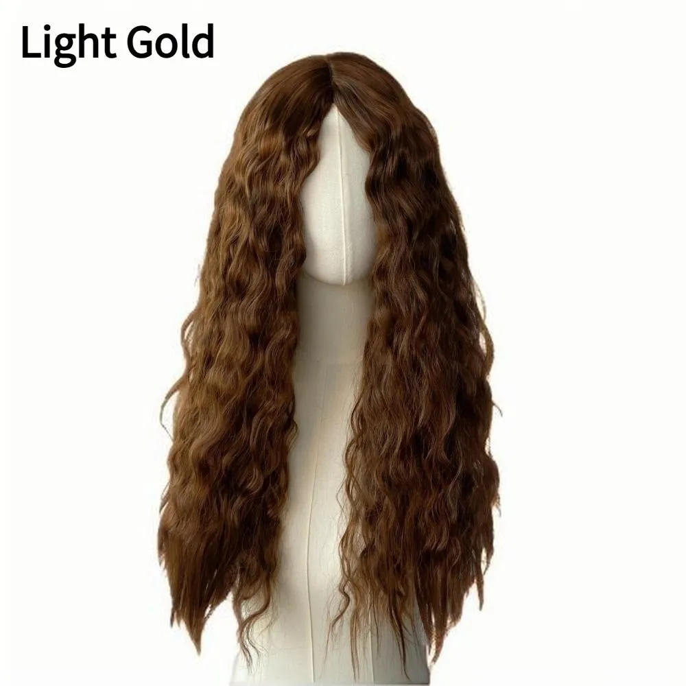 Women's long curly synthetic corn wig in 68cm length with adjustable button mesh, shown in black