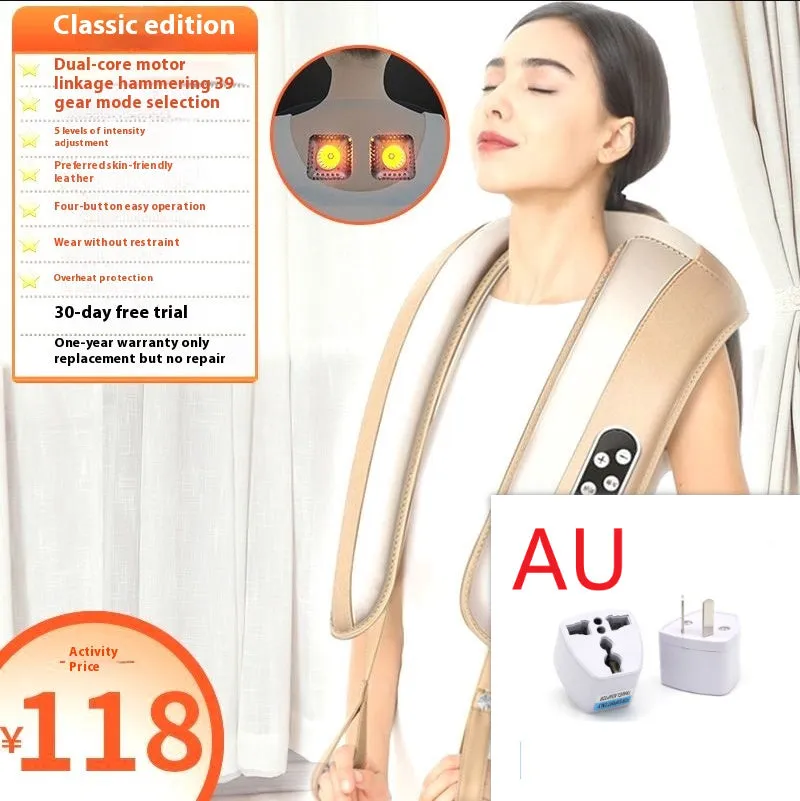 Beige multifunctional massage shawl neck massager with tapping technology for shoulder and back relief, UK plug