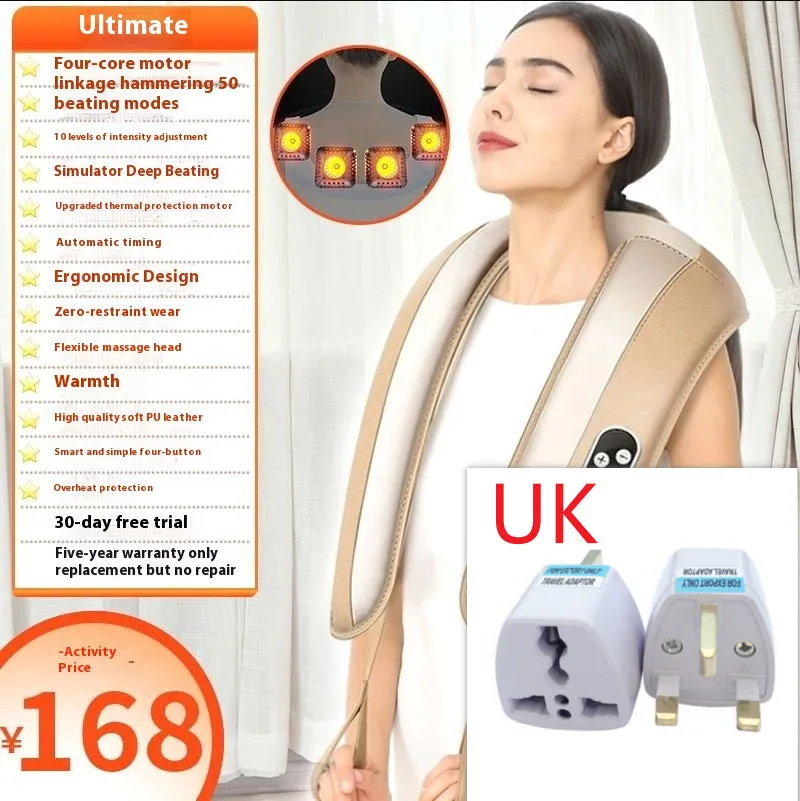 Beige multifunctional massage shawl neck massager with tapping technology for shoulder and back relief, UK plug