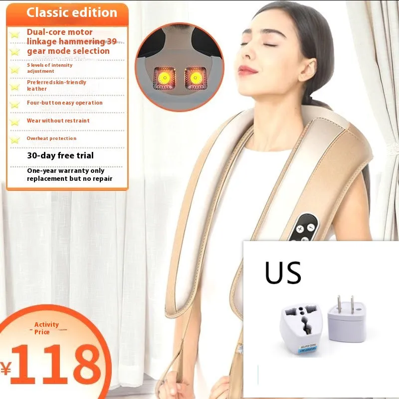Beige multifunctional massage shawl neck massager with tapping technology for shoulder and back relief, UK plug