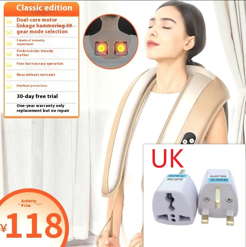 Beige multifunctional massage shawl neck massager with tapping technology for shoulder and back relief, UK plug