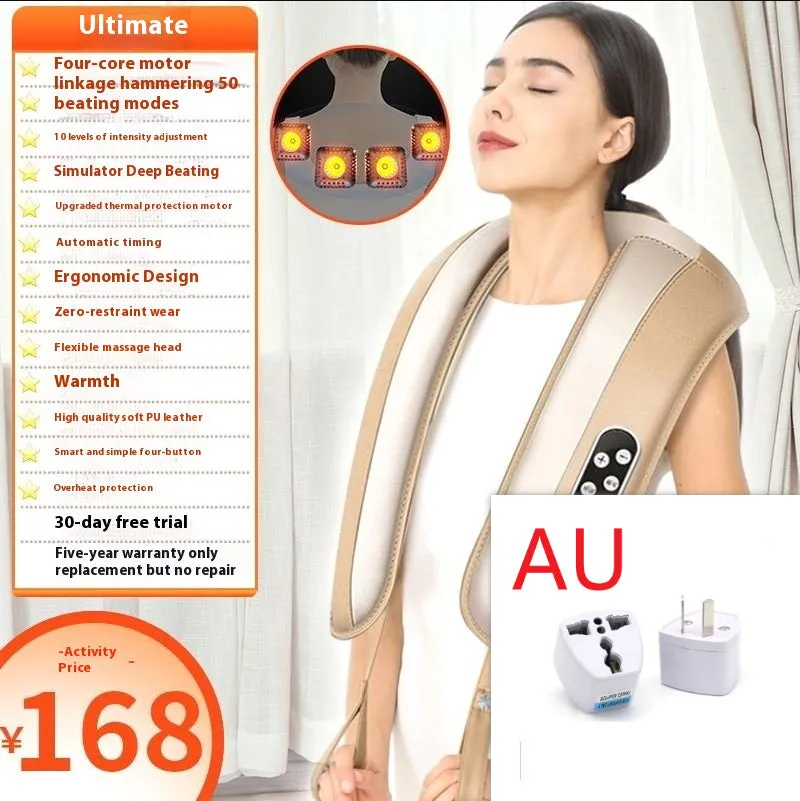 Beige multifunctional massage shawl neck massager with tapping technology for shoulder and back relief, UK plug