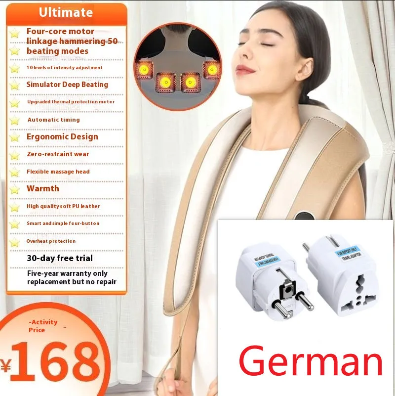 Beige multifunctional massage shawl neck massager with tapping technology for shoulder and back relief, UK plug