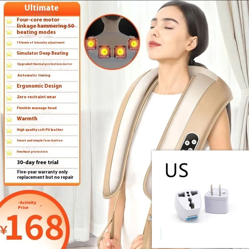 Beige multifunctional massage shawl neck massager with tapping technology for shoulder and back relief, UK plug