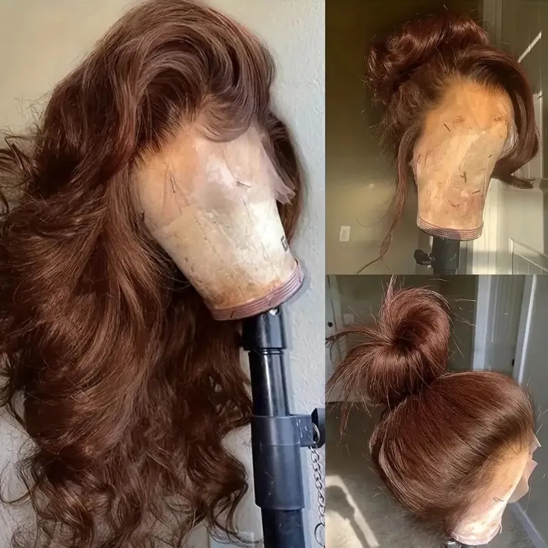 Brown big wave fake long curly wig head cover with side bangs on mannequin