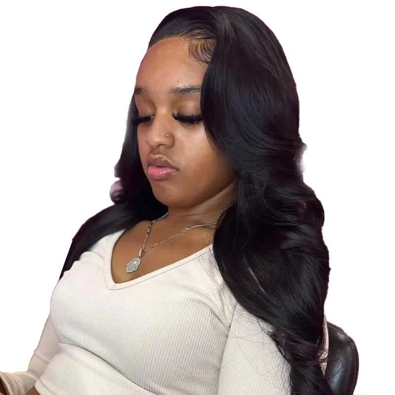 Black mid-length large roll wig for women, 26 inches Kanekalon synthetic hair with side bangs