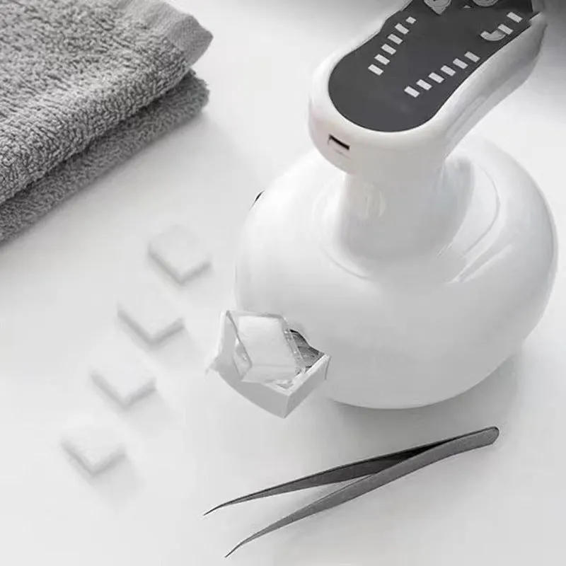 White automatic electric cupping scraper device with rechargeable battery and variable speed control, ABS body, English version