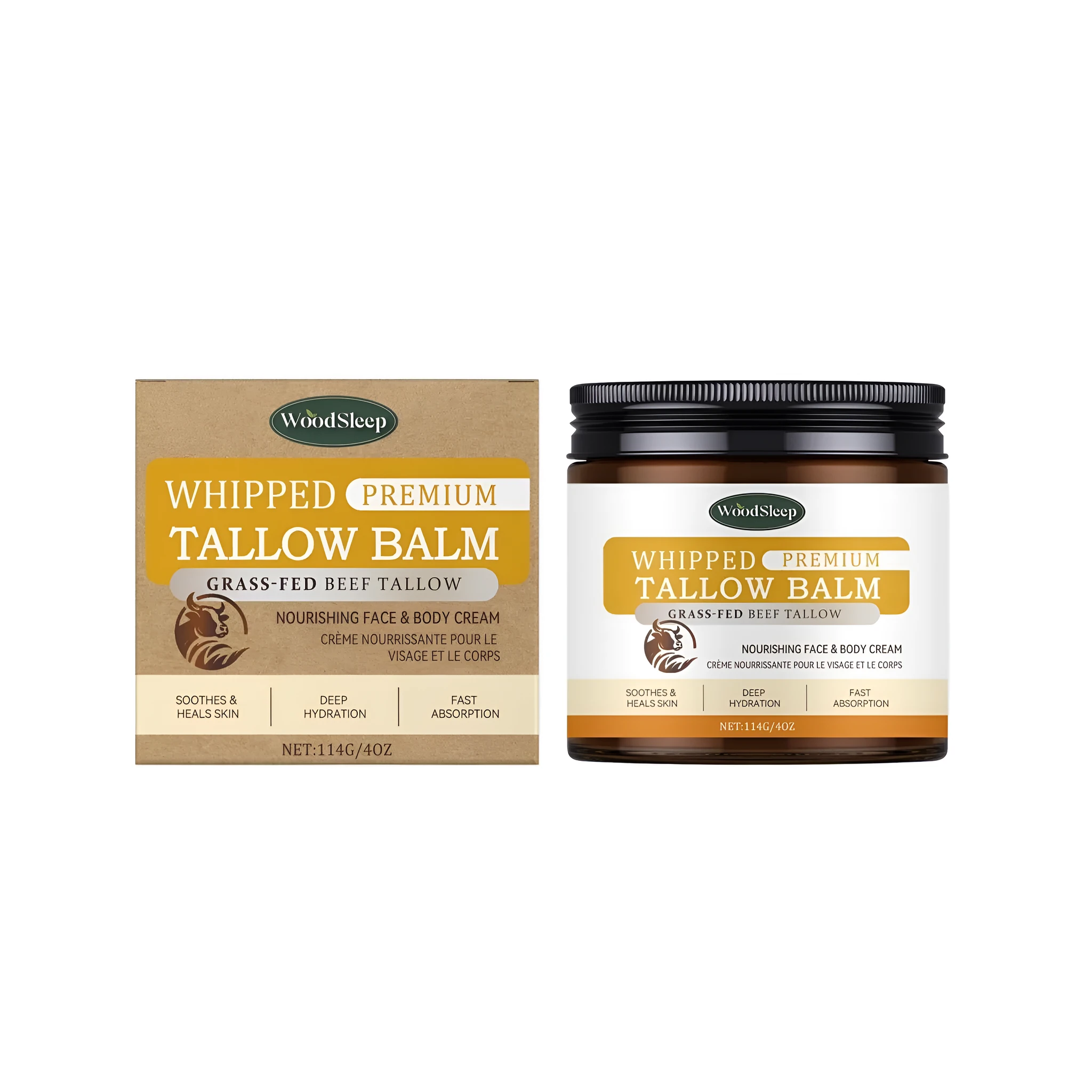 Cow Fat Nourishing Skincare Cream 114g jar with ingredient list featuring tallow and vitamin E