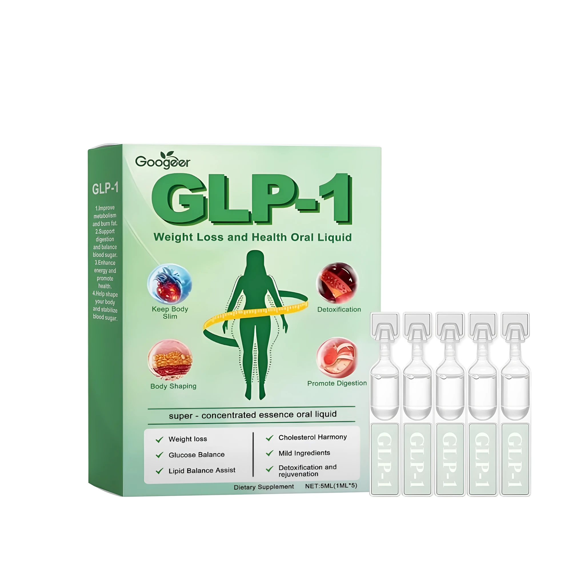 Slimming And Shaping Drops in five 1ml vials with green tea, Moringa seed, and turmeric ingredients