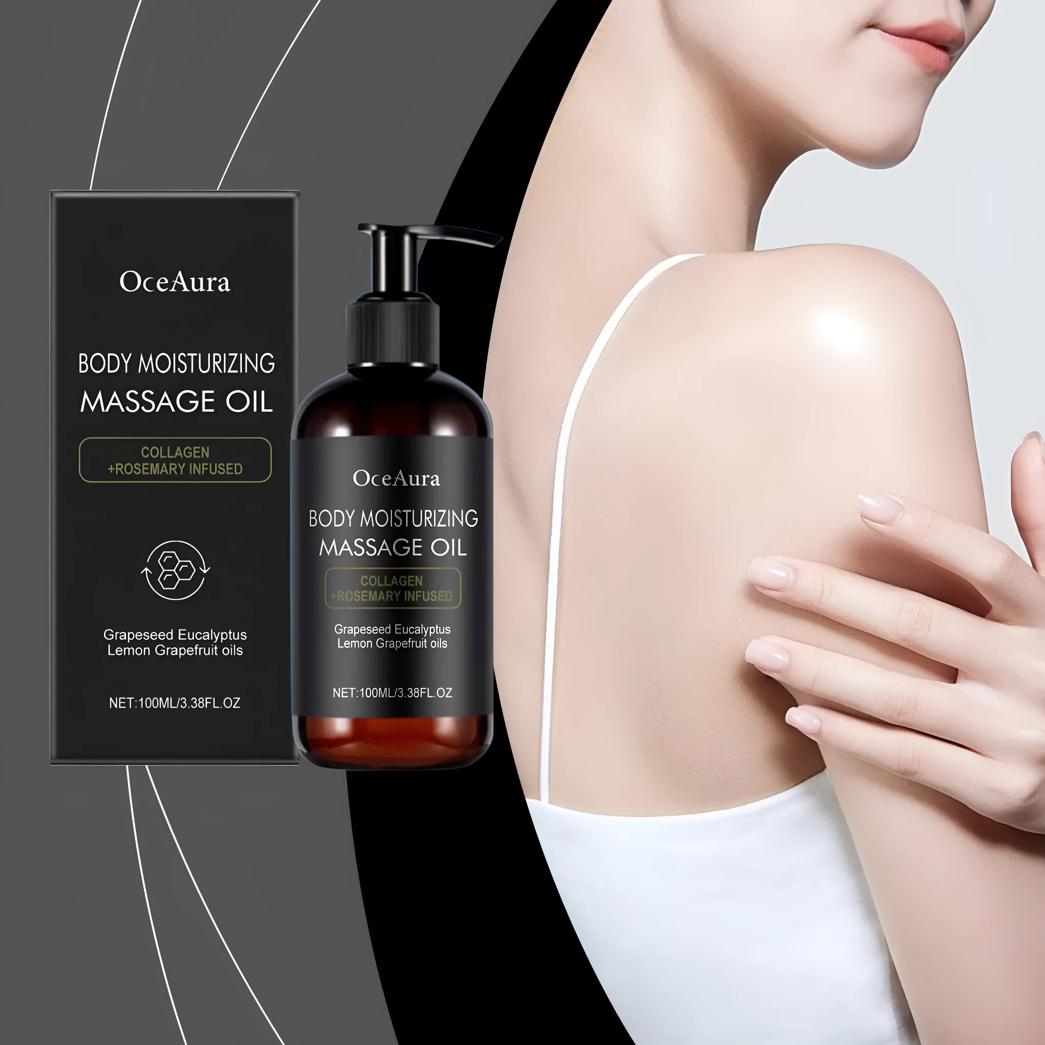 Moisturizing massage oil 100ml bottle with collagen, vitamin E, and natural extracts