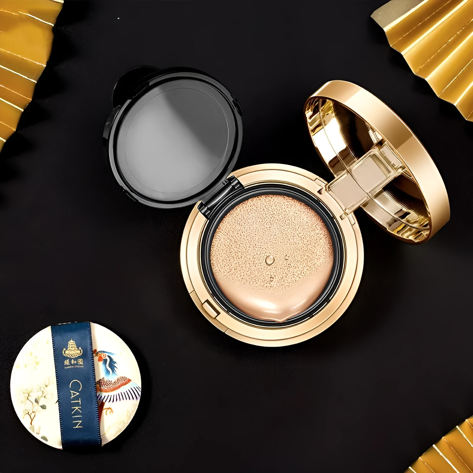Air cushion BB compact with mirror showing C01 Natural Colour and C02 Ivory White shades for even skin tone