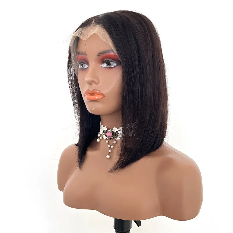 Real human hair silk wig in 1B natural black, 16 inch length, on stand