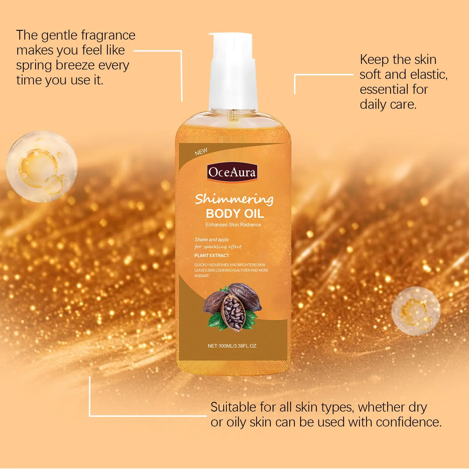 Shiny moisturizing body oil 100ml in plastic bottle with jojoba and vitamin E for daily skin care