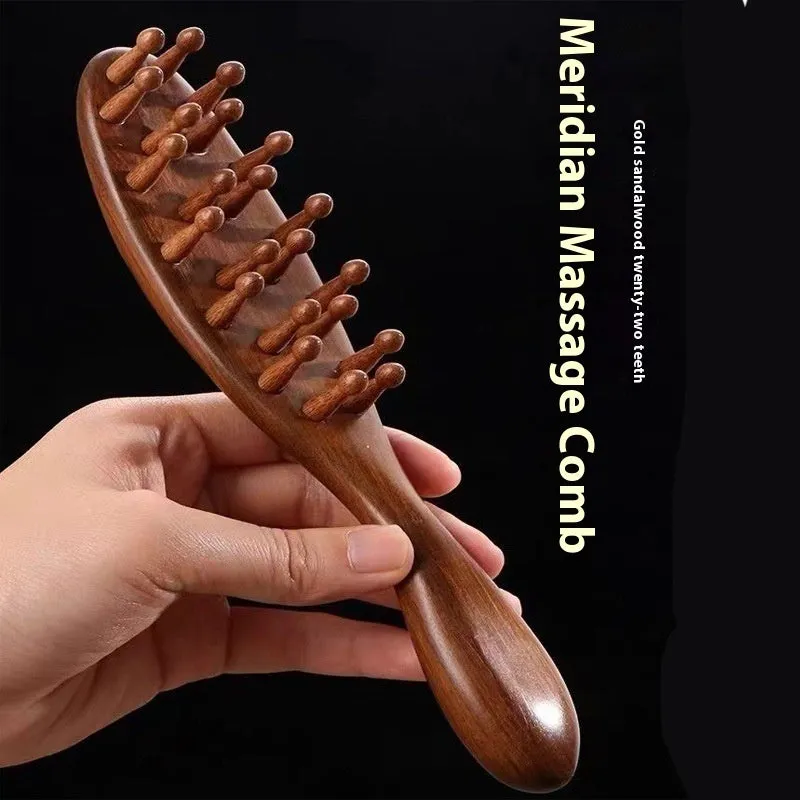Solid ebony wood health care massage comb with 28 nail disc in gold sandalwood colour