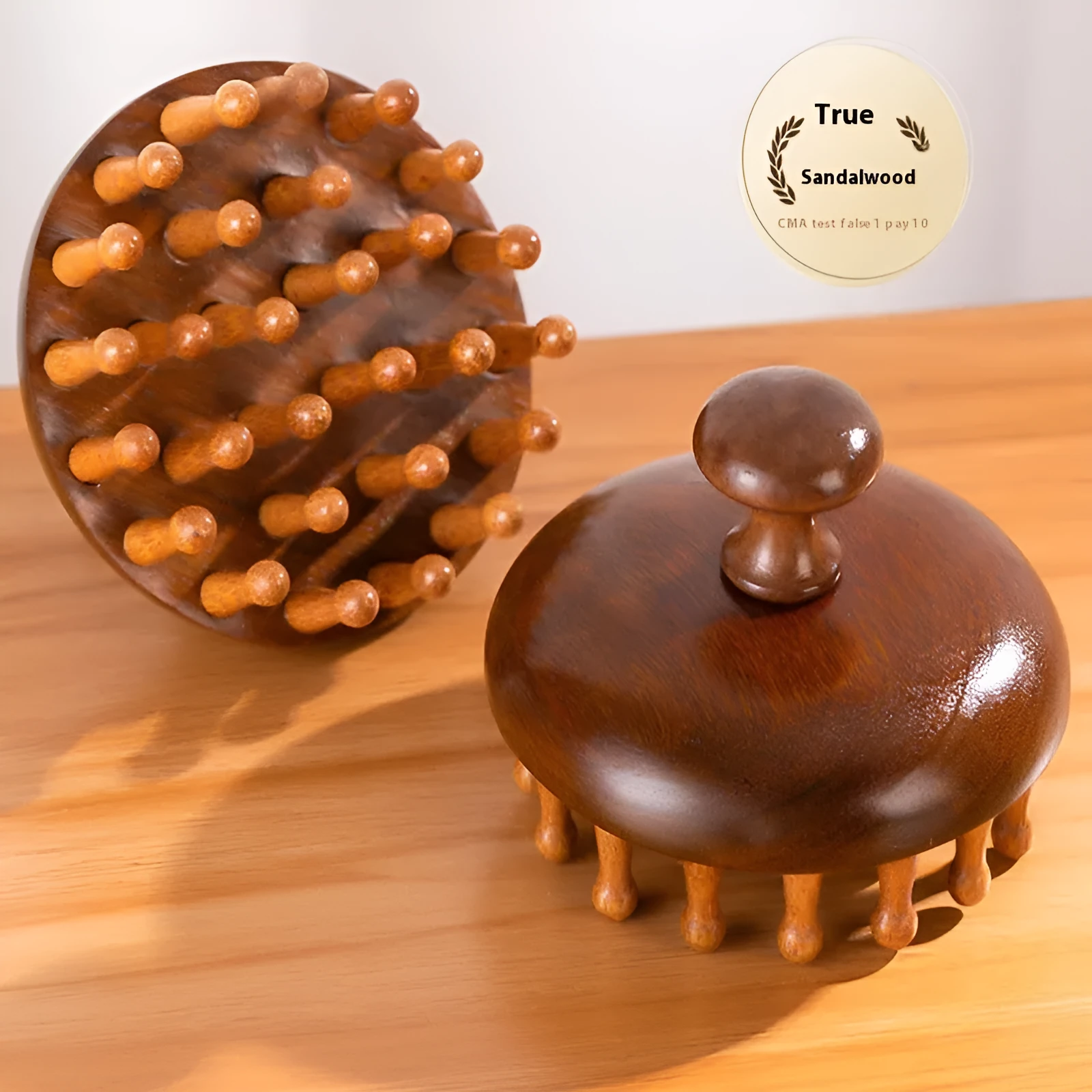 Solid ebony wood health care massage comb with 28 nail disc in gold sandalwood colour