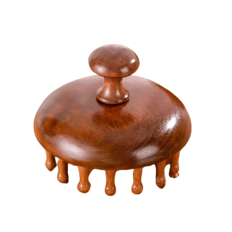 Solid ebony wood health care massage comb with 28 nail disc in gold sandalwood colour