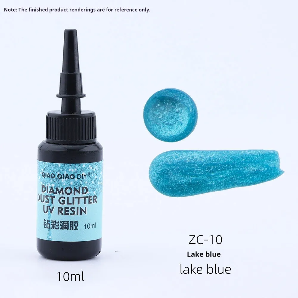 UV epoxy diamond 24 colour set with gold, silver, blue, pink, and green sequins on a white surface