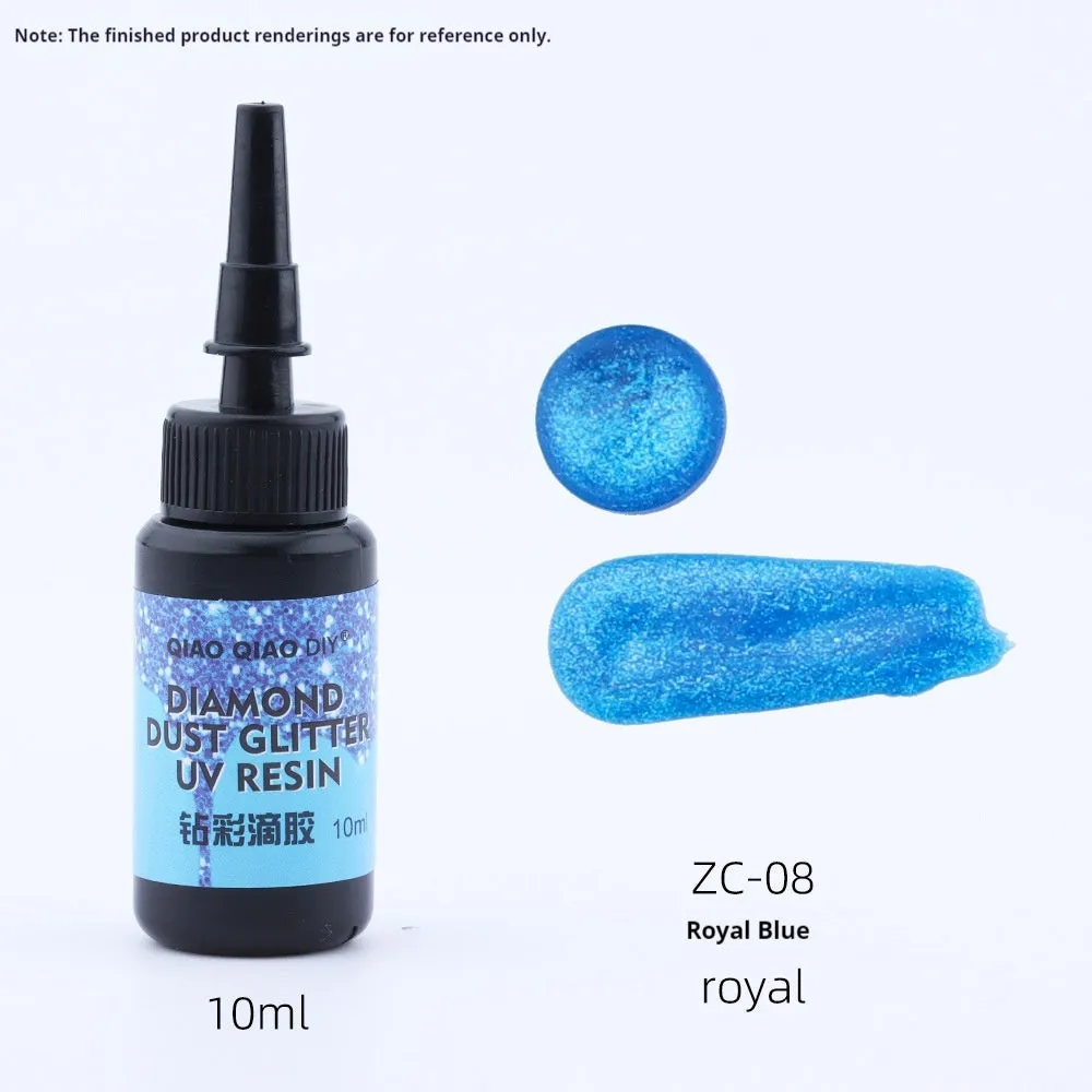 UV epoxy diamond 24 colour set with gold, silver, blue, pink, and green sequins on a white surface