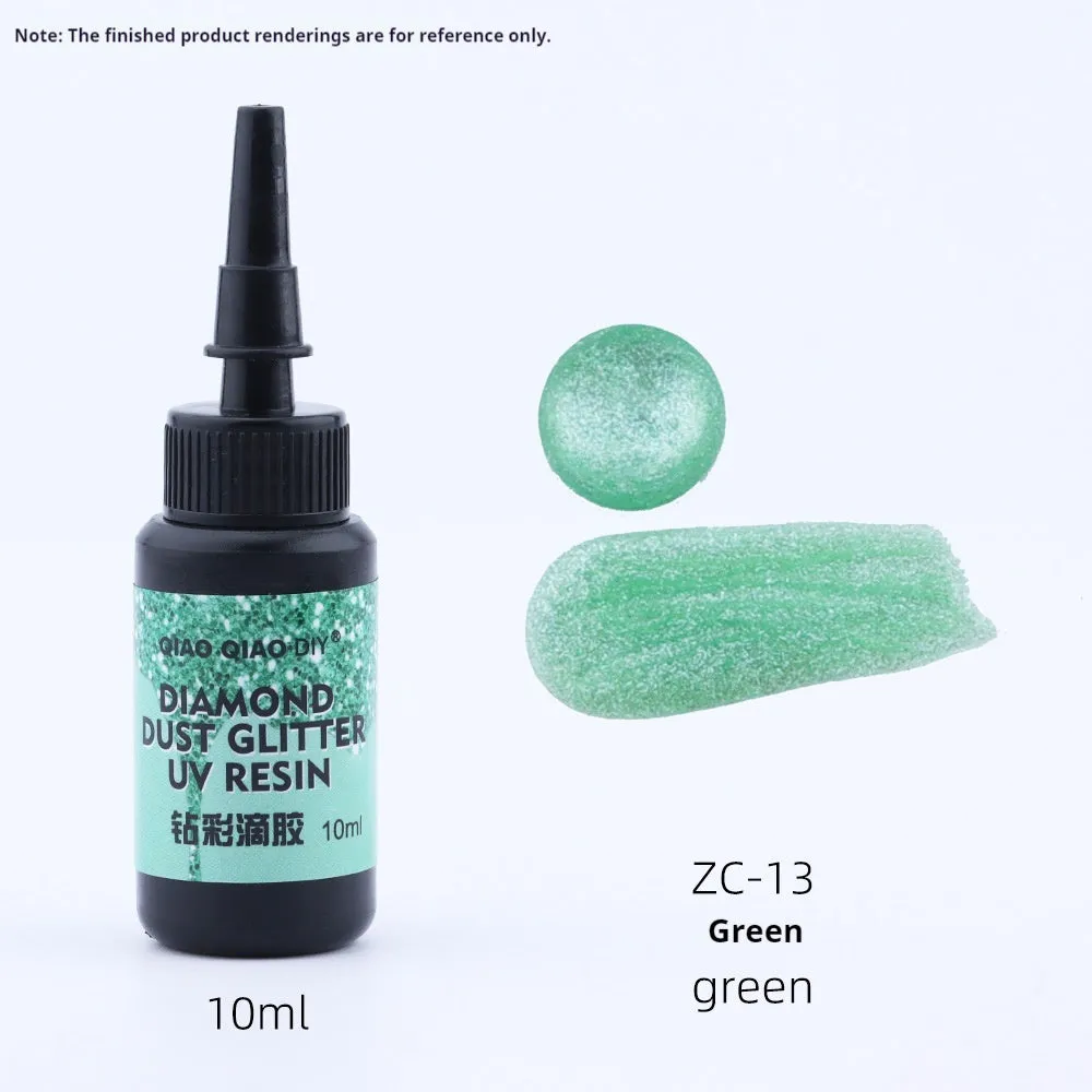 UV epoxy diamond 24 colour set with gold, silver, blue, pink, and green sequins on a white surface
