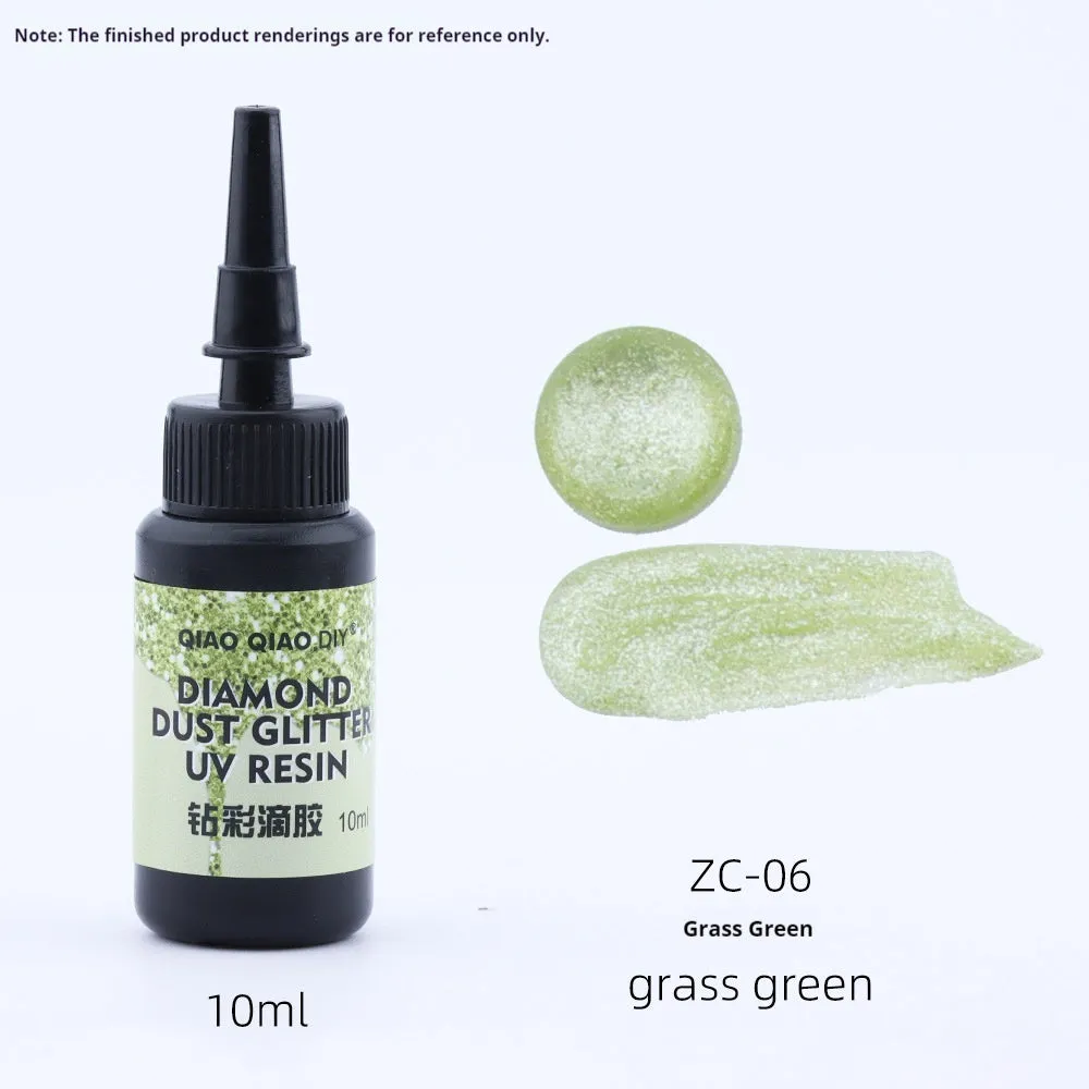 UV epoxy diamond 24 colour set with gold, silver, blue, pink, and green sequins on a white surface