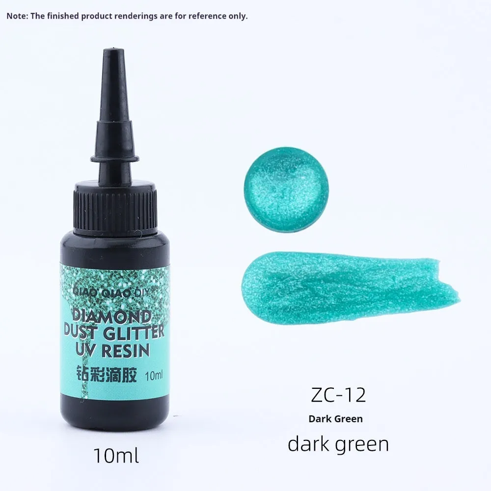 UV epoxy diamond 24 colour set with gold, silver, blue, pink, and green sequins on a white surface