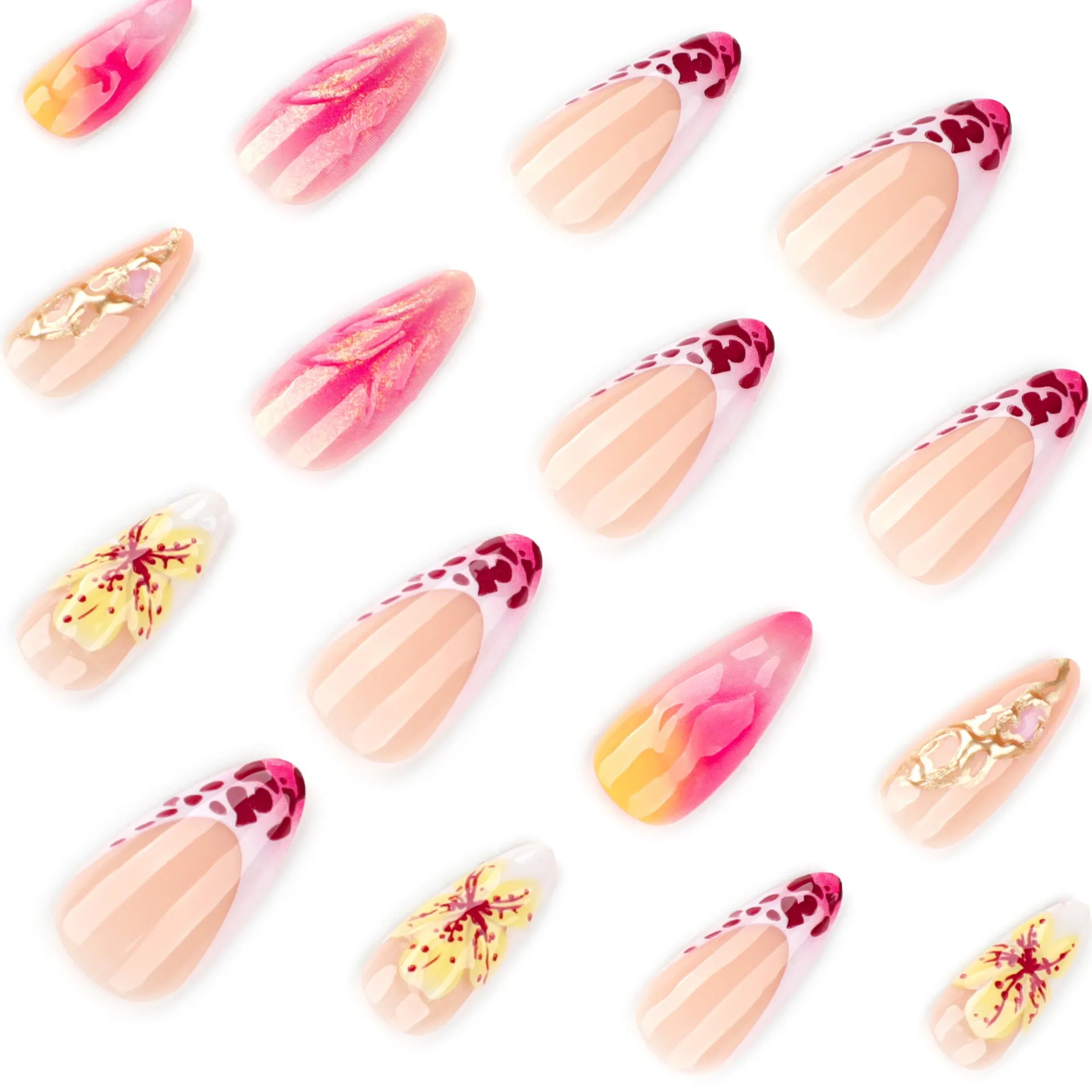 Set of 24 French gradient leopard print 3D flower nail stickers with glue in colour JP3852