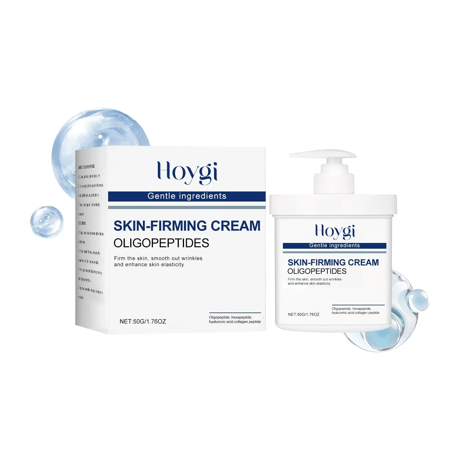 50g jar of anti wrinkle firming moisturising cream with peptides and hyaluronic acid on white background