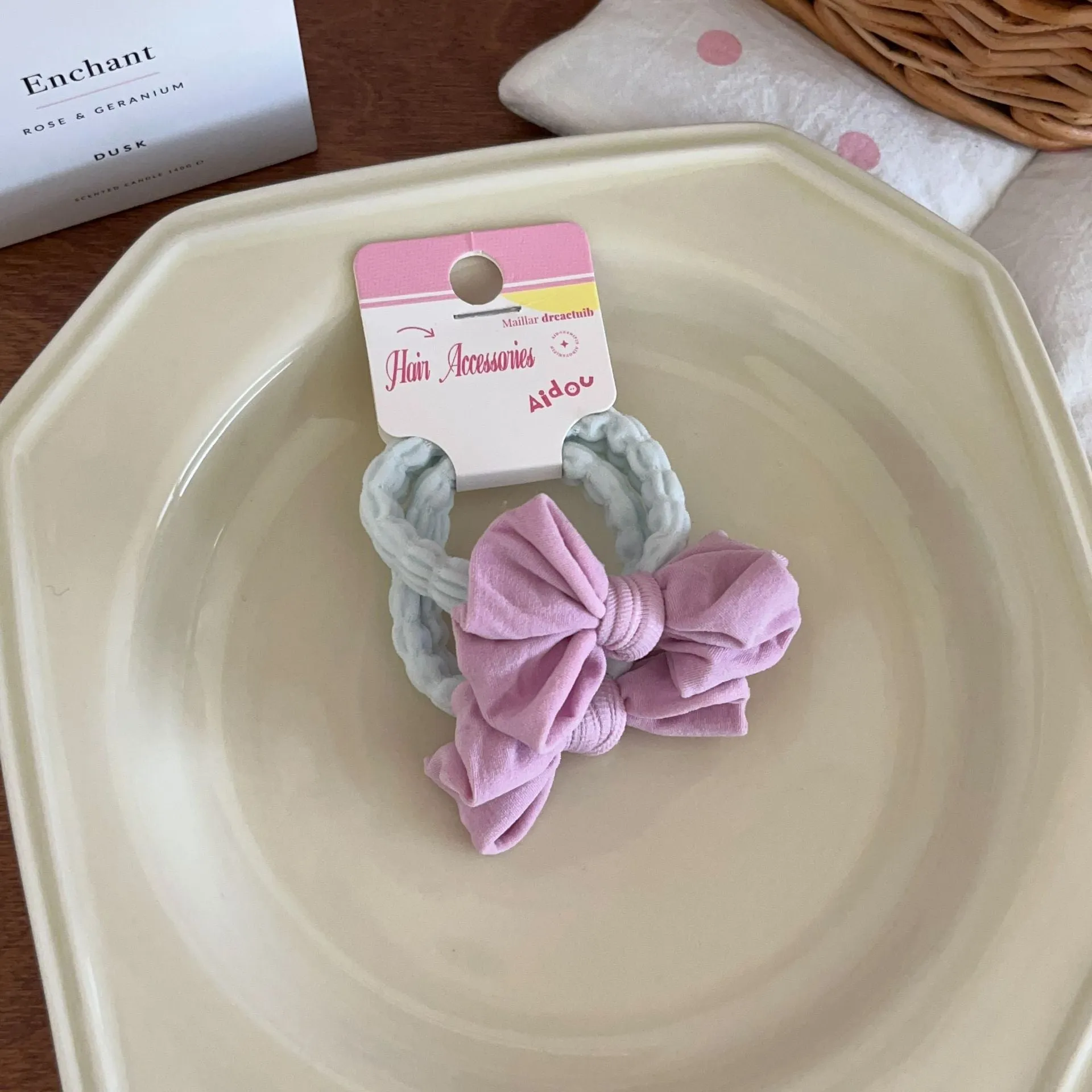 Macaron bow towel ring hair rope in four colours: blue, pink, custard, purple – high elasticity Korean style hair tie