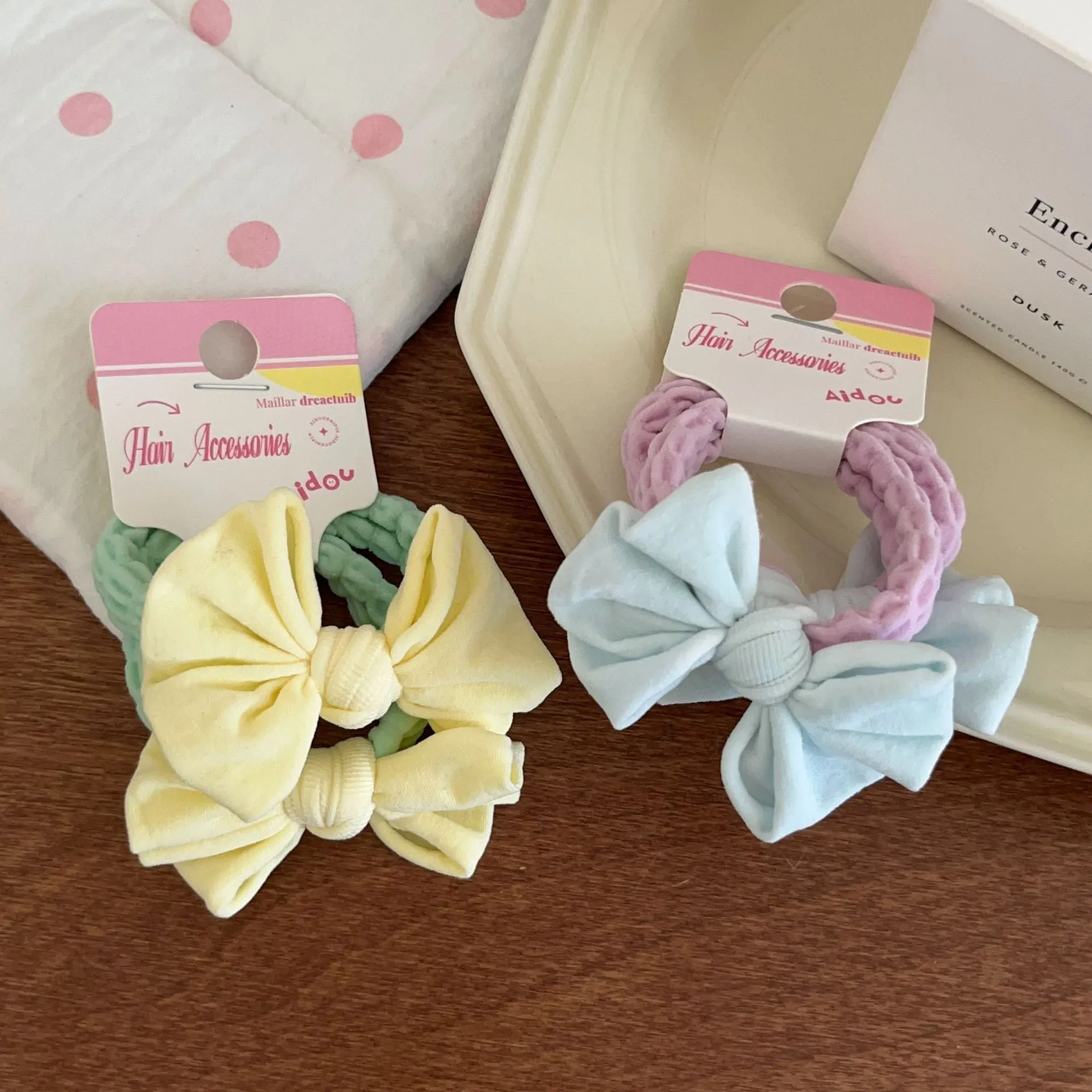 Macaron bow towel ring hair rope in four colours: blue, pink, custard, purple – high elasticity Korean style hair tie