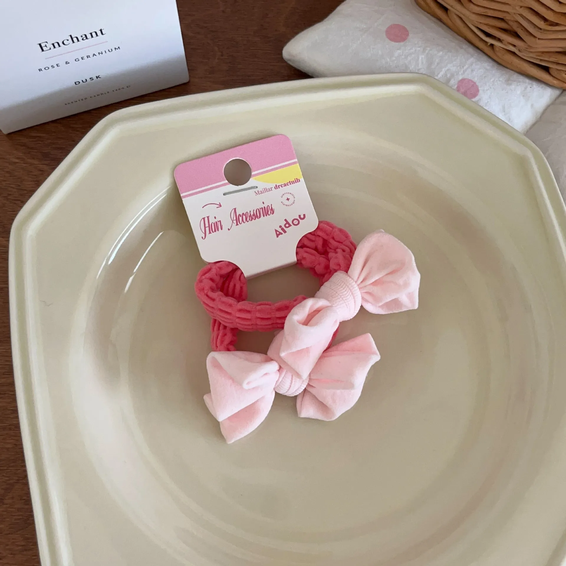 Macaron bow towel ring hair rope in four colours: blue, pink, custard, purple – high elasticity Korean style hair tie
