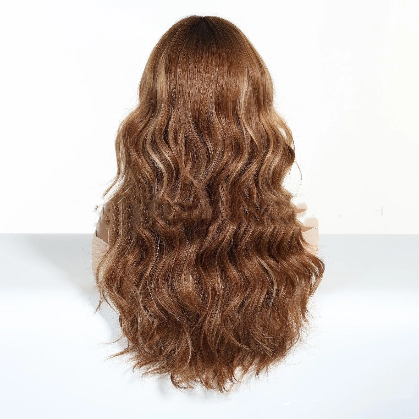 Full-head chemical fibre fringe wig with brown highlights and long curly hair in SWLC8327-1BL24 colour