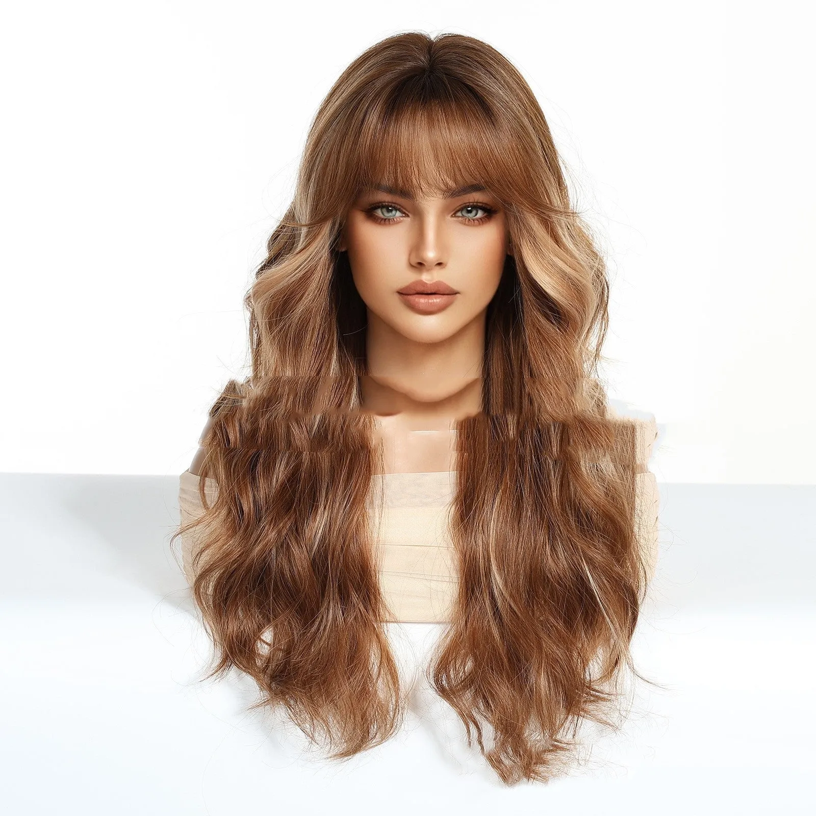 Full-head chemical fibre fringe wig with brown highlights and long curly hair in SWLC8327-1BL24 colour